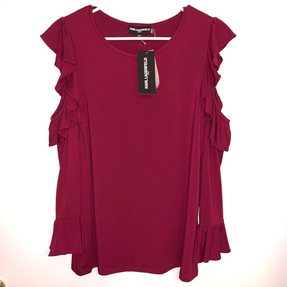 NWT Karl Lagerfeld Cold Shoulder Ruffle Top